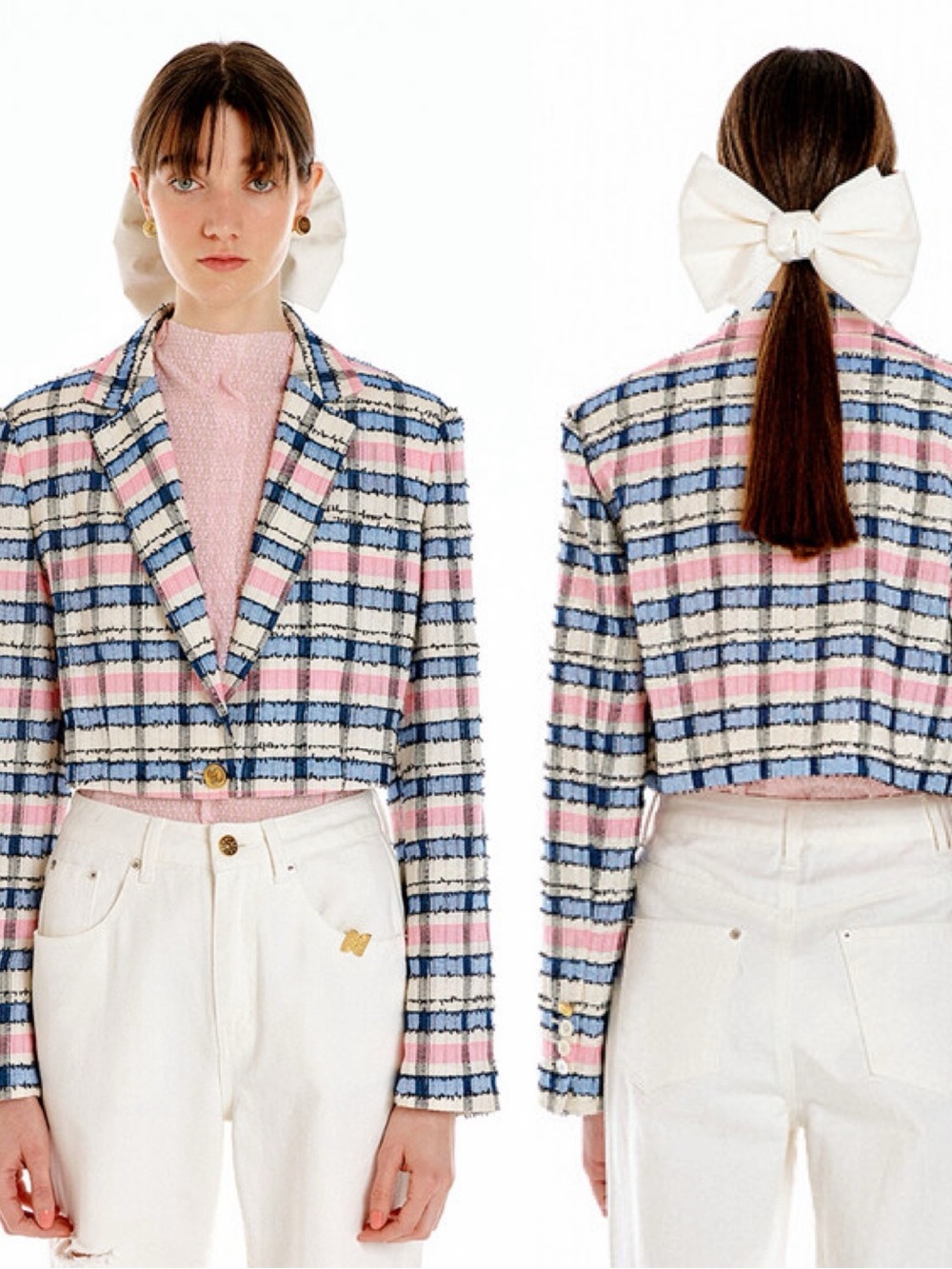 EENK Womens Ivory Pink Blue Preppy Single Breasted Short Tweed Jacket Size S - Picture 8 of 12